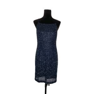 Cache Navy Beaded Sheath Dress Spaghetti Strap Cocktail Party Y2K Size 10